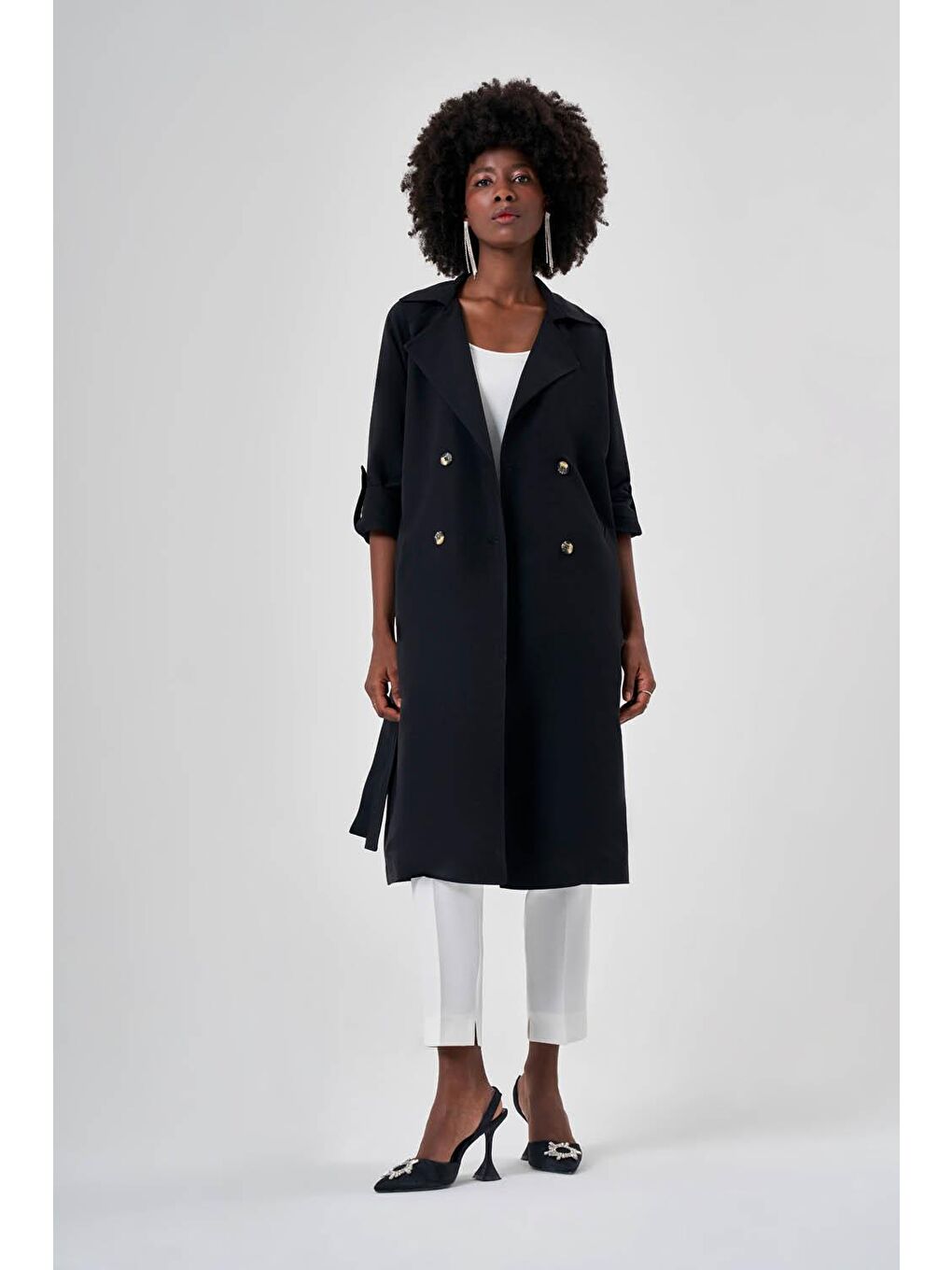 Kolları Apoletli Klasik Siyah Trençkot-3