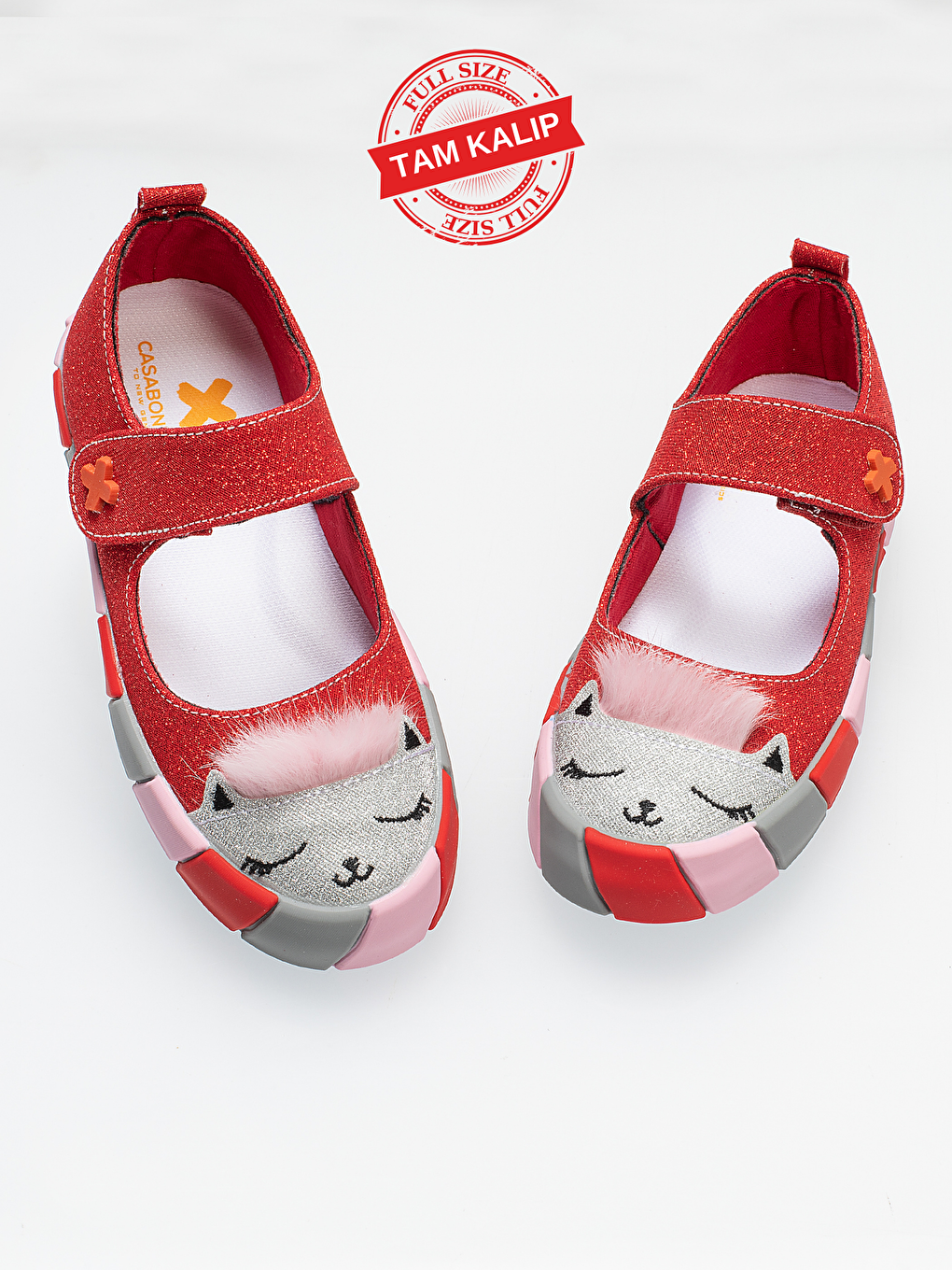 Casabony Kirmizi Kırmızı Simli Kedi Kız Sneaker Babet