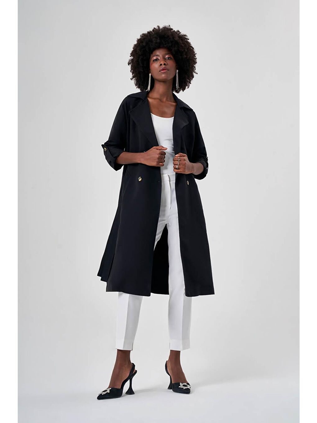 Kolları Apoletli Klasik Siyah Trençkot-4