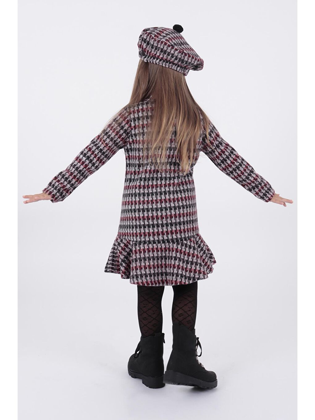 Bordo Kız Çocuk Şapkalı Volanlı Trend Elbise Ak2200-2