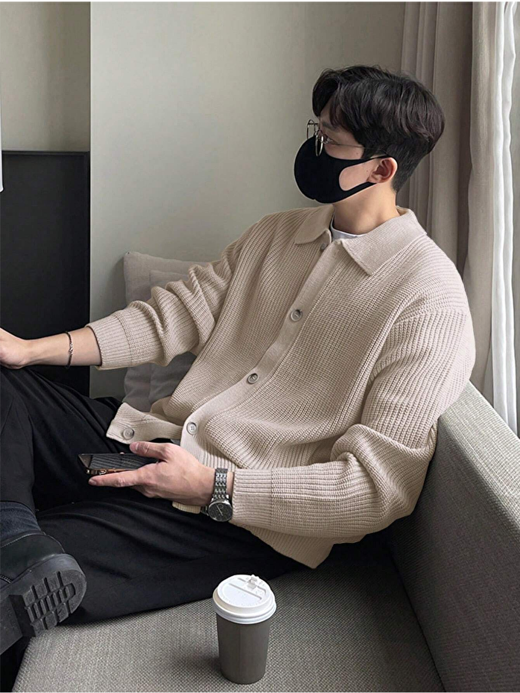 Bej Erkek Taş Düğme Detaylı Regular Fit Hırka-3