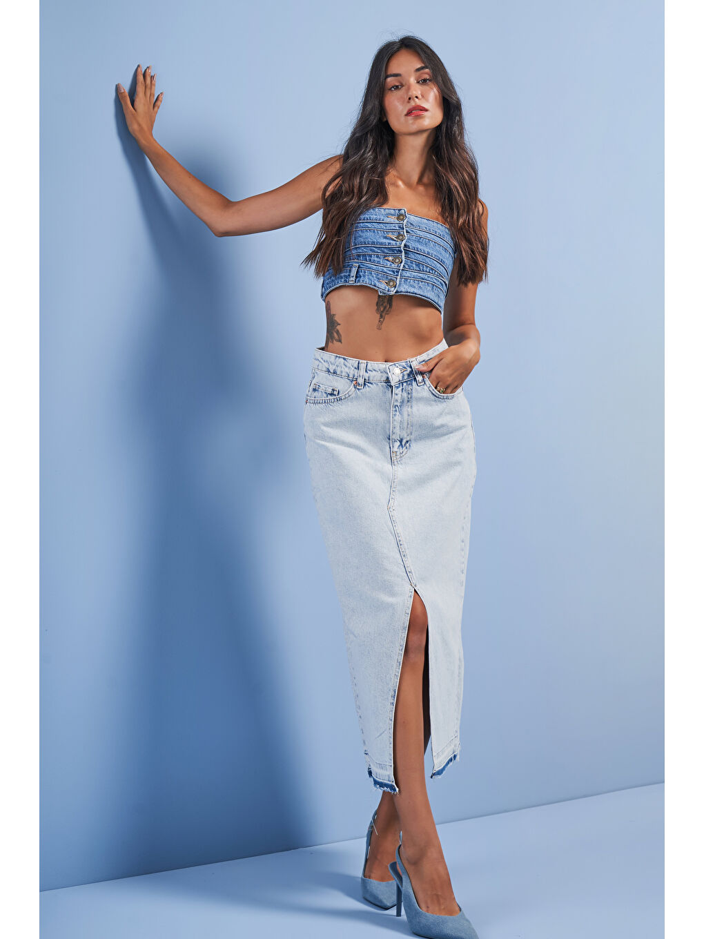 Mavi Kadın Snow Jean Rengi Derin Yırtmaçlı Yüksek Bel Uzun Denim Etek-1