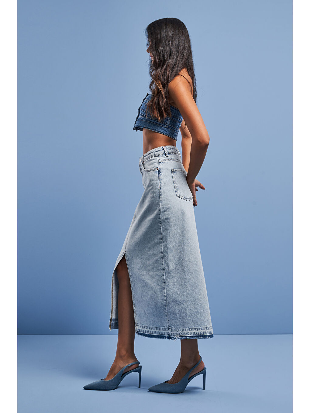 Mavi Kadın Snow Jean Rengi Derin Yırtmaçlı Yüksek Bel Uzun Denim Etek-2