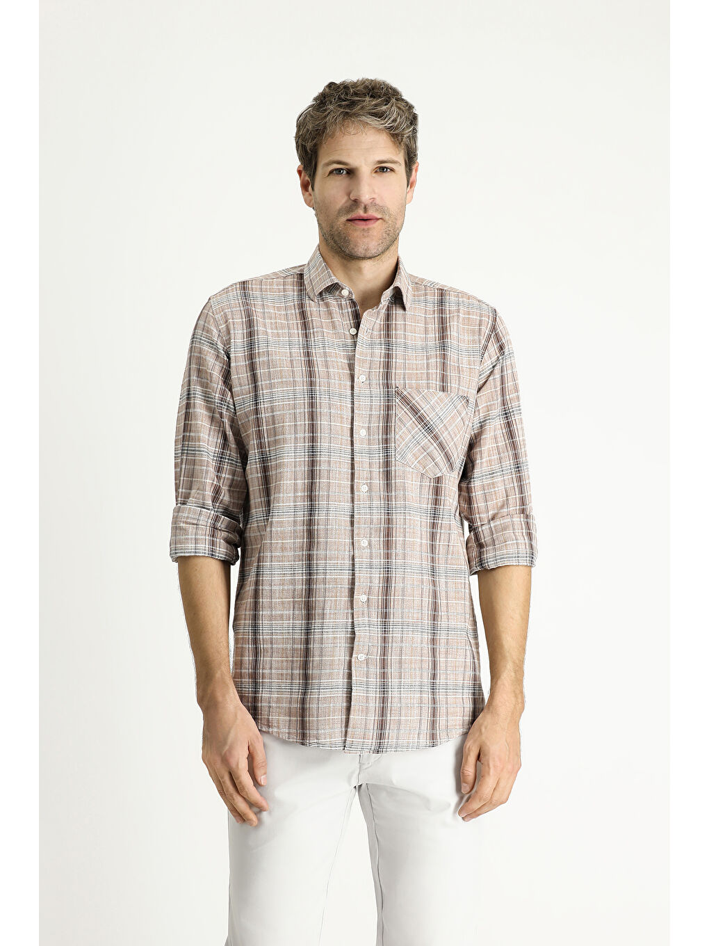 Kahverengi Uzun Kol Regular Fit Ekose Pamuk %100 Pamuk Gömlek-2