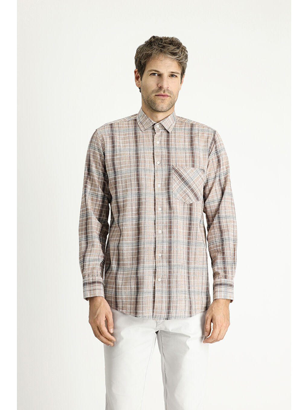 Kahverengi Uzun Kol Regular Fit Ekose Pamuk %100 Pamuk Gömlek-3
