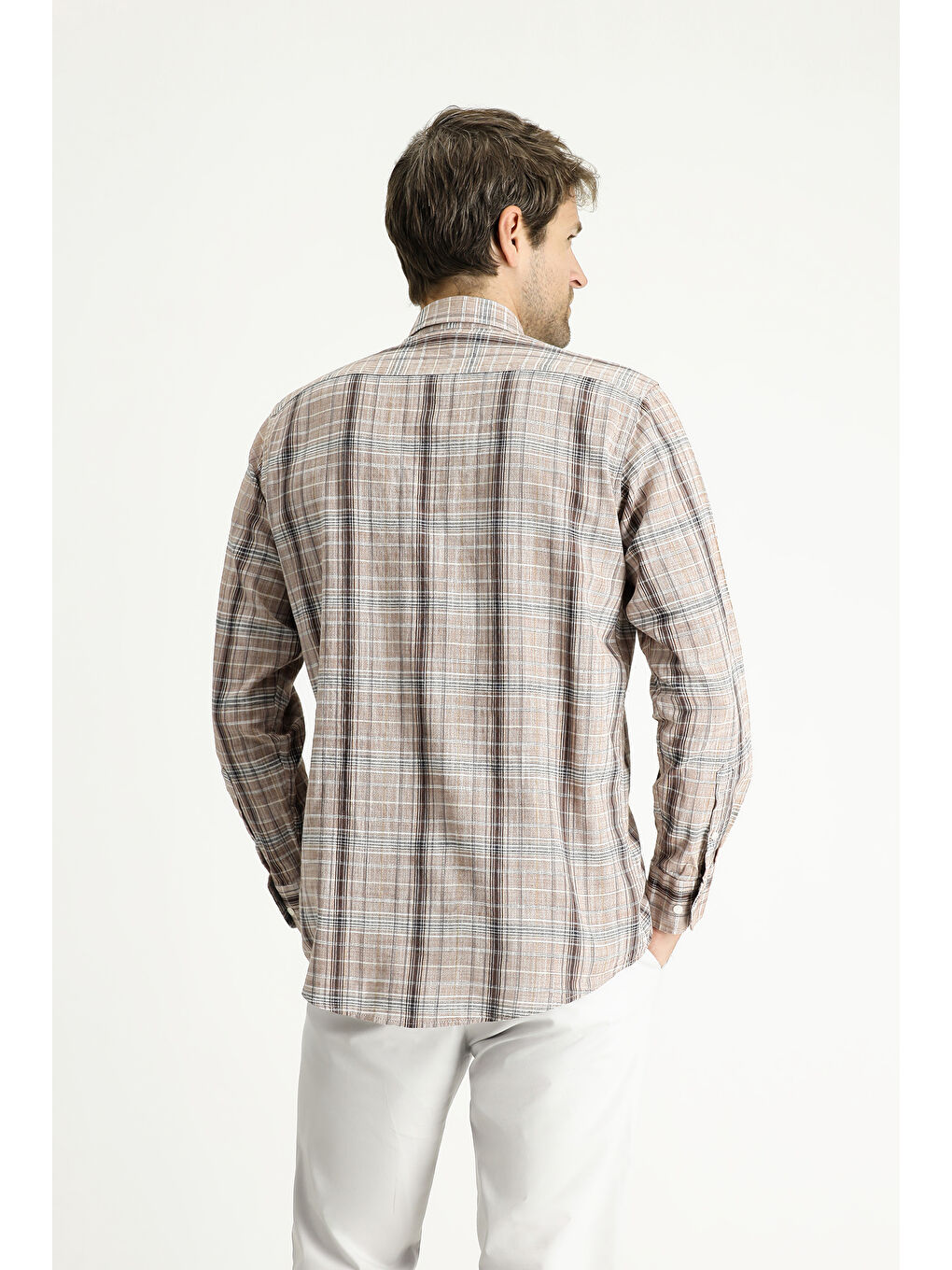 Kahverengi Uzun Kol Regular Fit Ekose Pamuk %100 Pamuk Gömlek-4