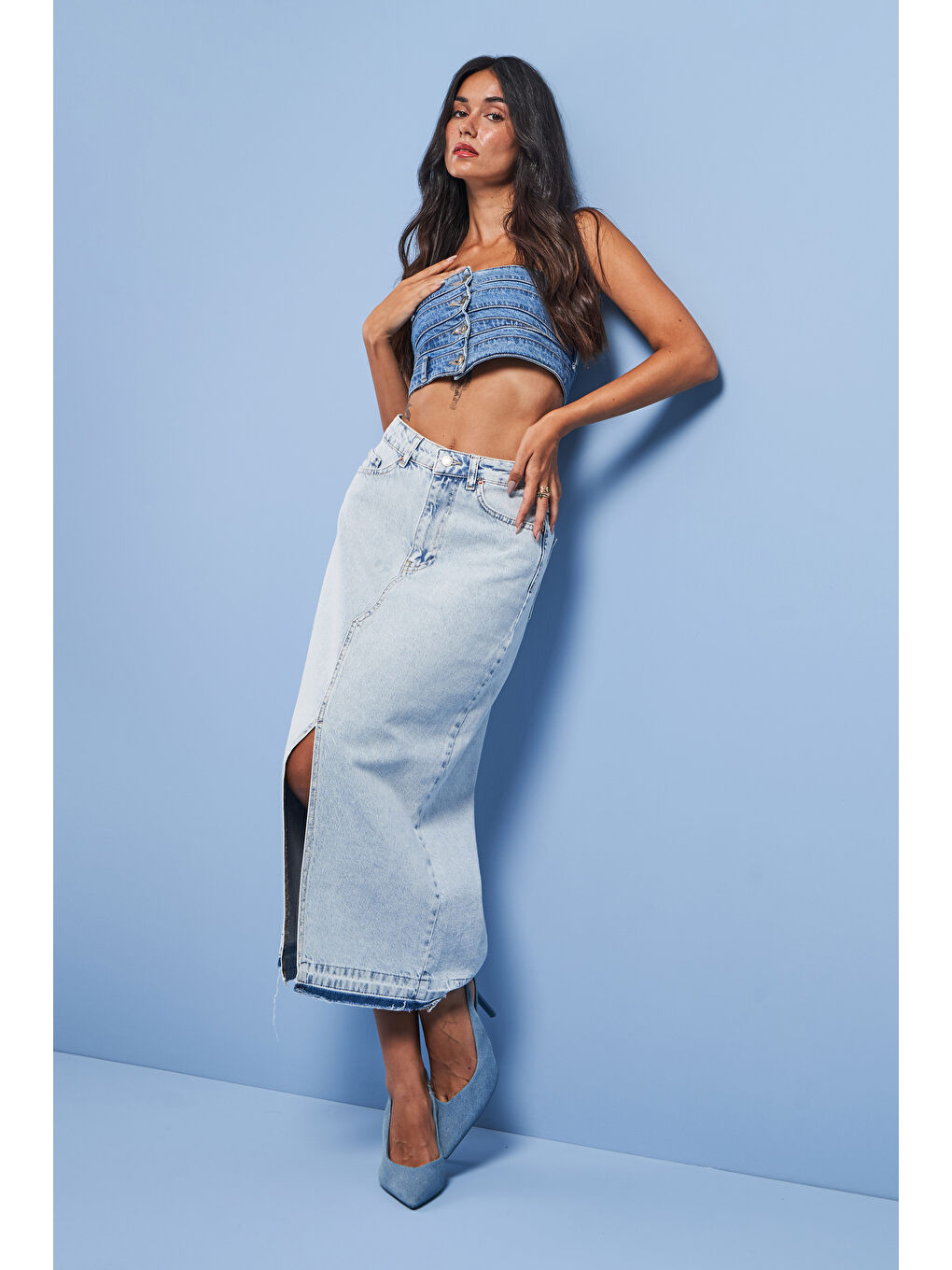 Mavi Kadın Snow Jean Rengi Derin Yırtmaçlı Yüksek Bel Uzun Denim Etek-4