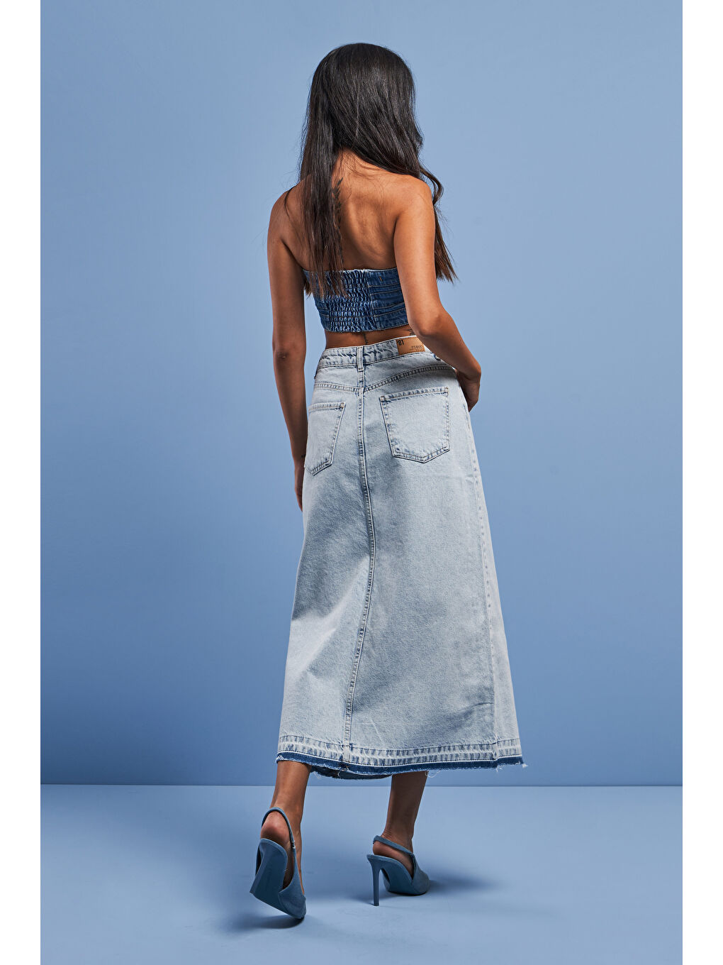 Mavi Kadın Snow Jean Rengi Derin Yırtmaçlı Yüksek Bel Uzun Denim Etek-5