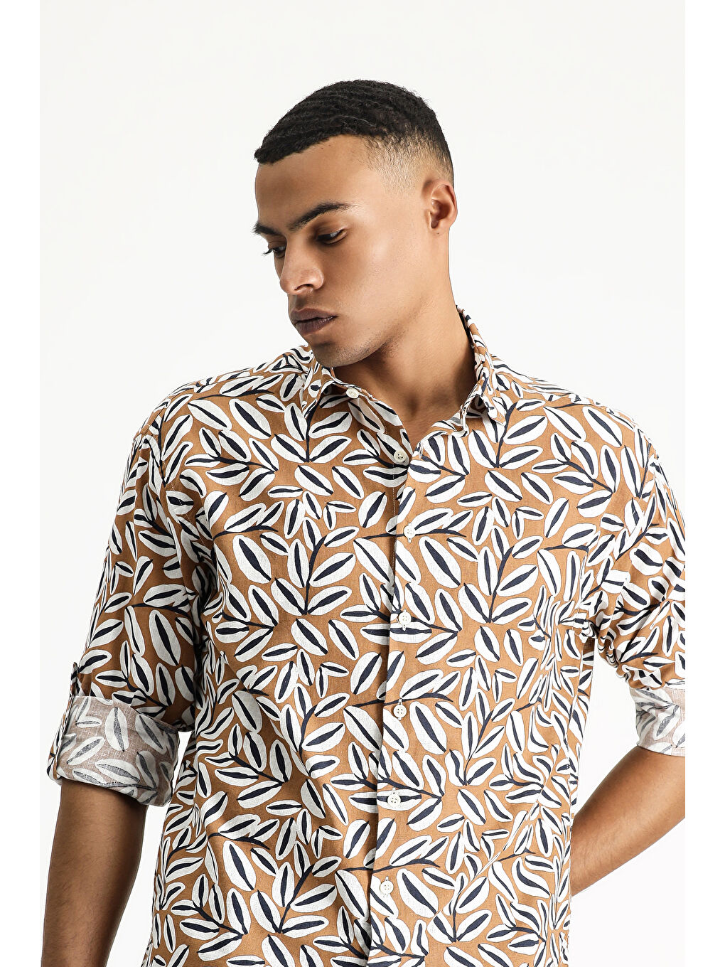 Kahverengi Uzun Kol Oversize Baskılı Keten Karışımlı Pamuklu Gömlek-3