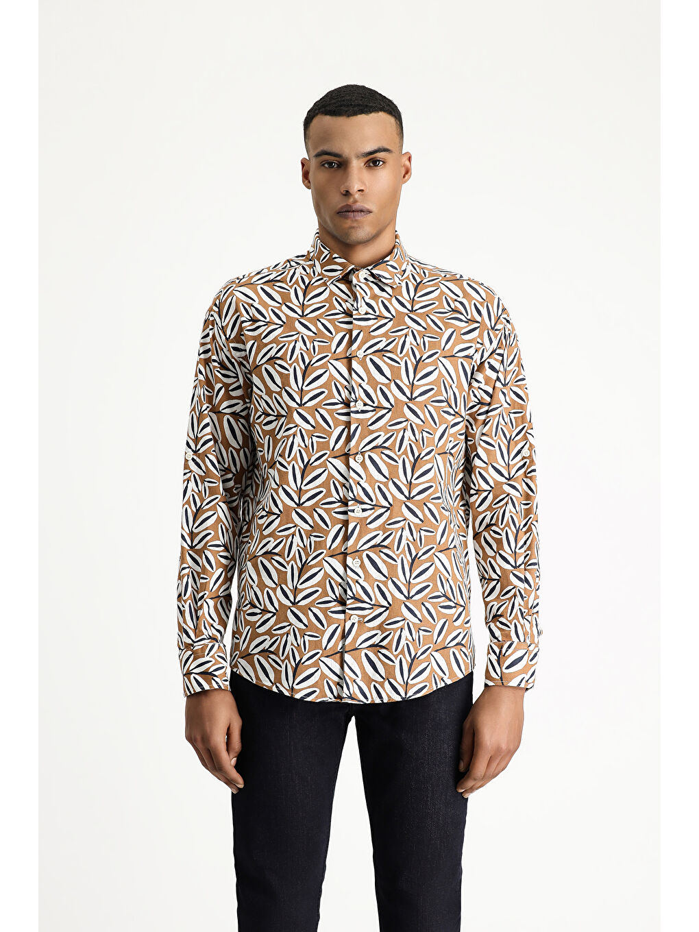 Kahverengi Uzun Kol Oversize Baskılı Keten Karışımlı Pamuklu Gömlek-4