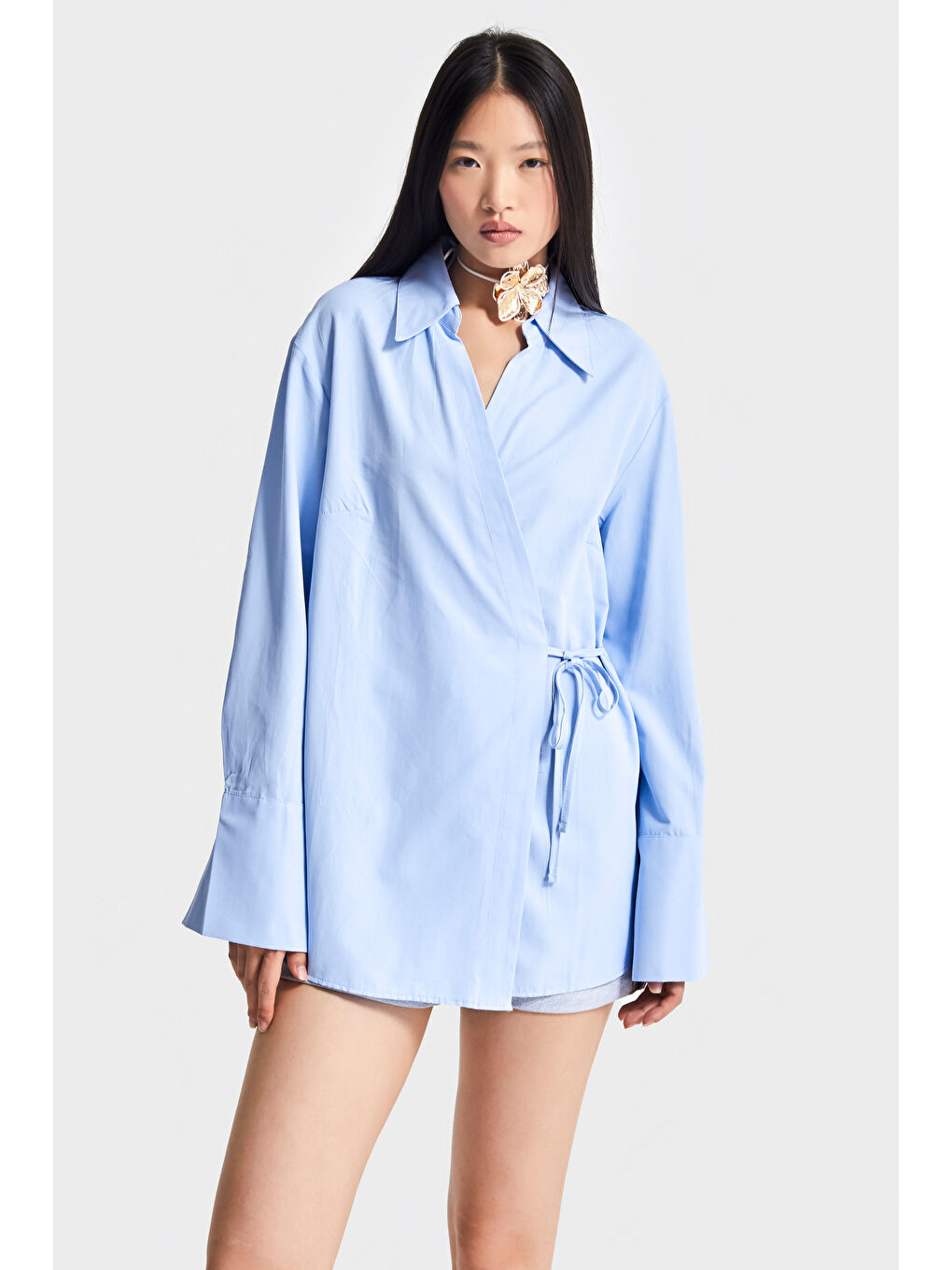 Kadın Bebe Mavisi Renk s5-103 Yandan Bağlamalı Maxi Uzun Boy Oversize %100 Pamuk Gömlek