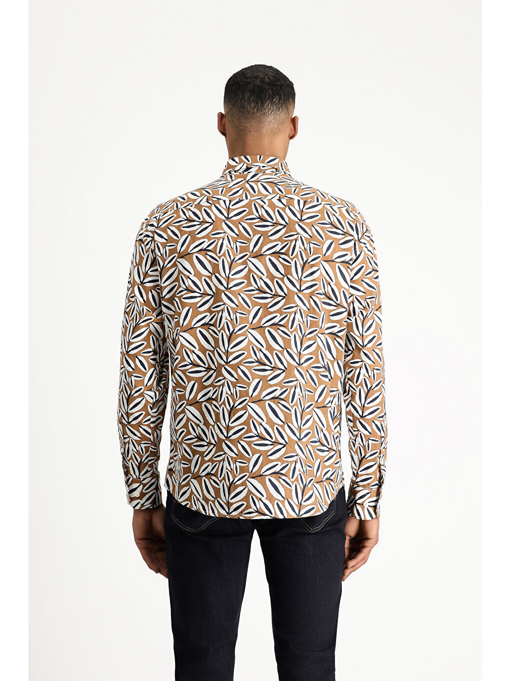 Kahverengi Uzun Kol Oversize Baskılı Keten Karışımlı Pamuklu Gömlek-5