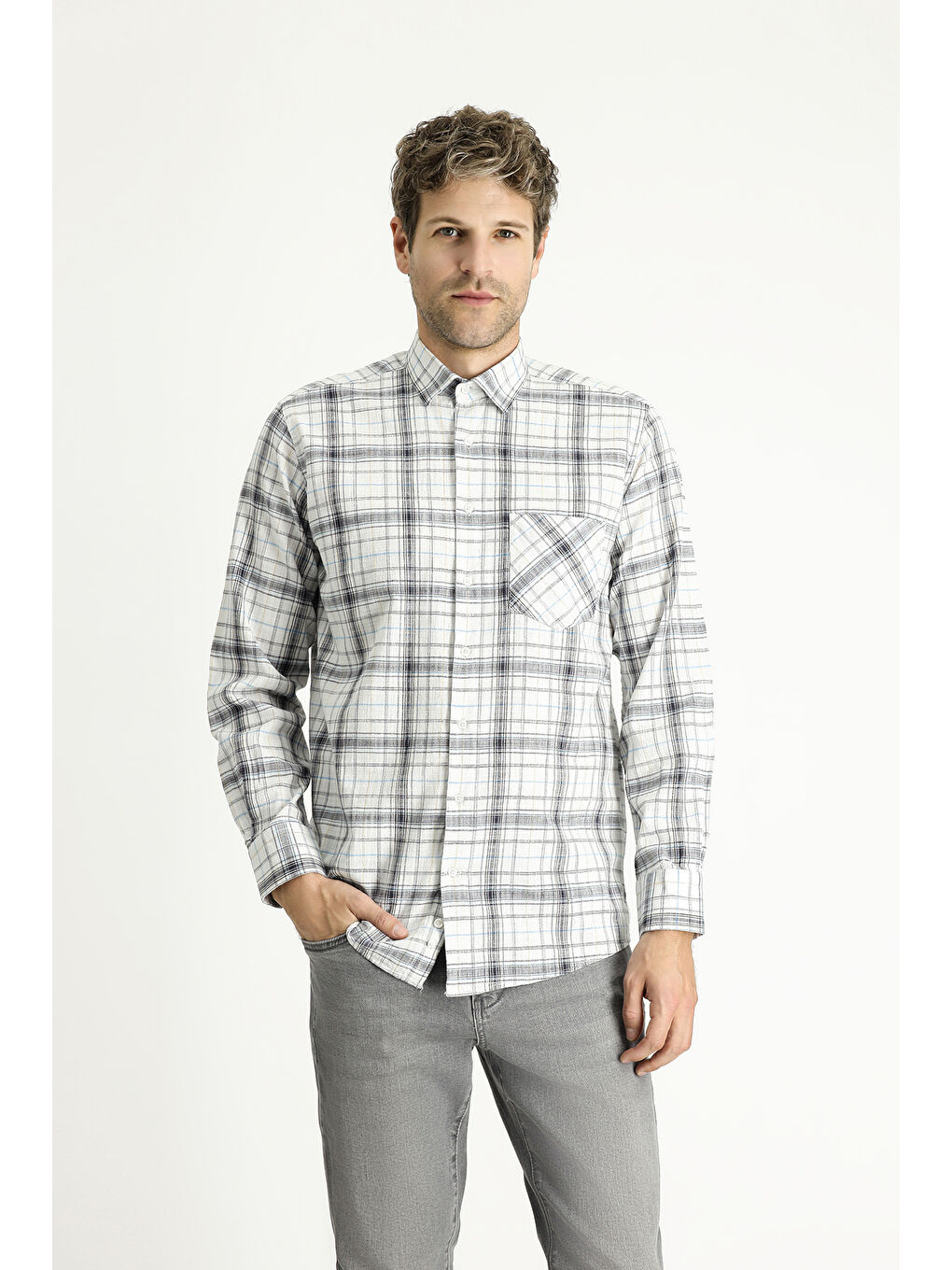 Beyaz Uzun Kol Regular Fit Ekose Pamuk Gömlek-2