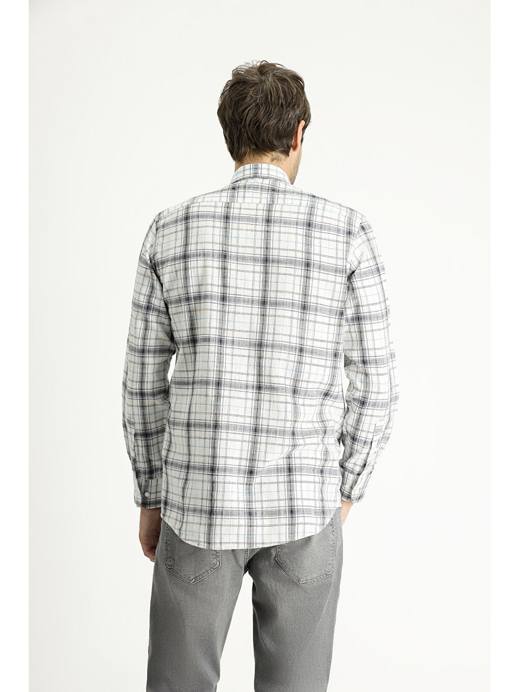 Beyaz Uzun Kol Regular Fit Ekose Pamuk Gömlek-3