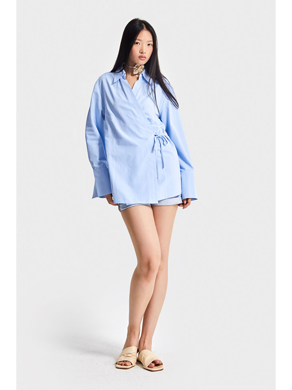 Kadın Bebe Mavisi Renk s5-103 Yandan Bağlamalı Maxi Uzun Boy Oversize %100 Pamuk Gömlek-2