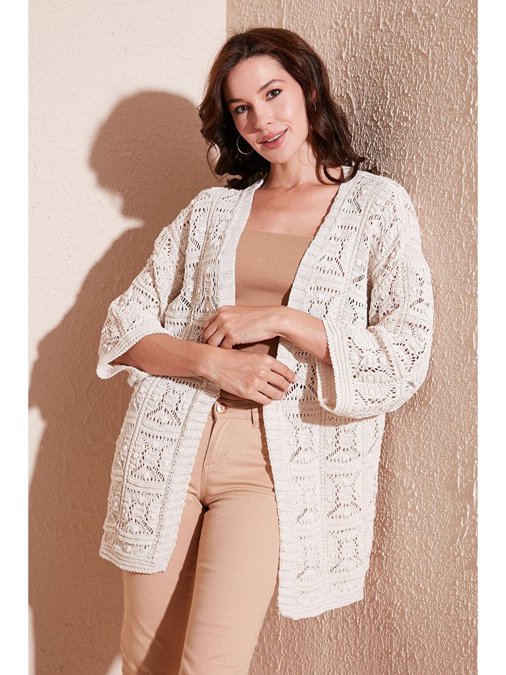 Ekru Truvakar Kol Ajurlu Triko Örme Hırka 6071538