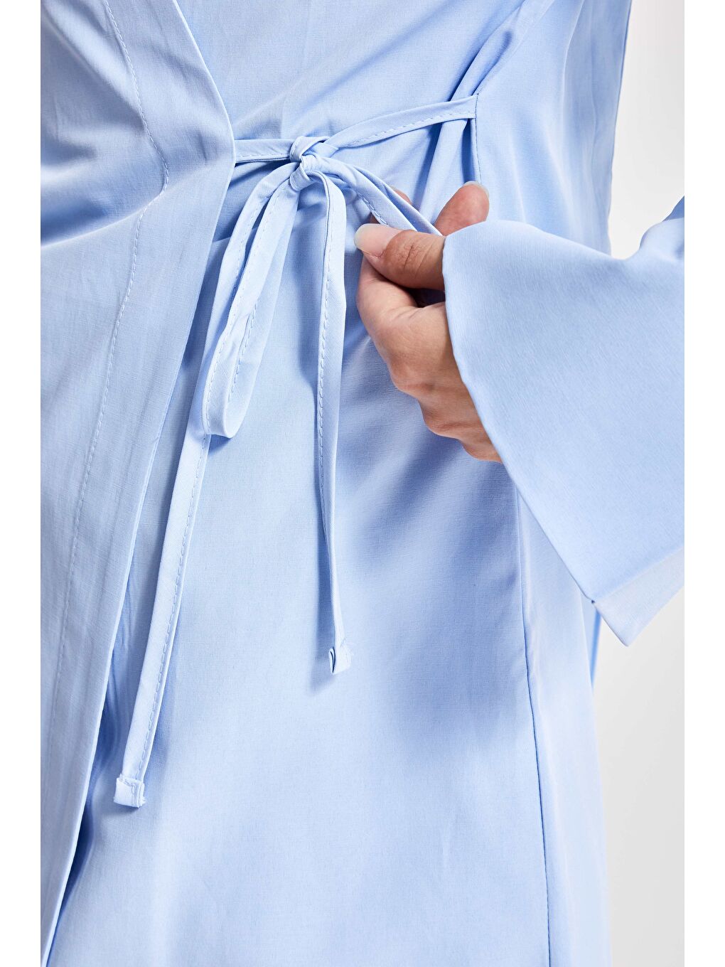 Kadın Bebe Mavisi Renk s5-103 Yandan Bağlamalı Maxi Uzun Boy Oversize %100 Pamuk Gömlek-3