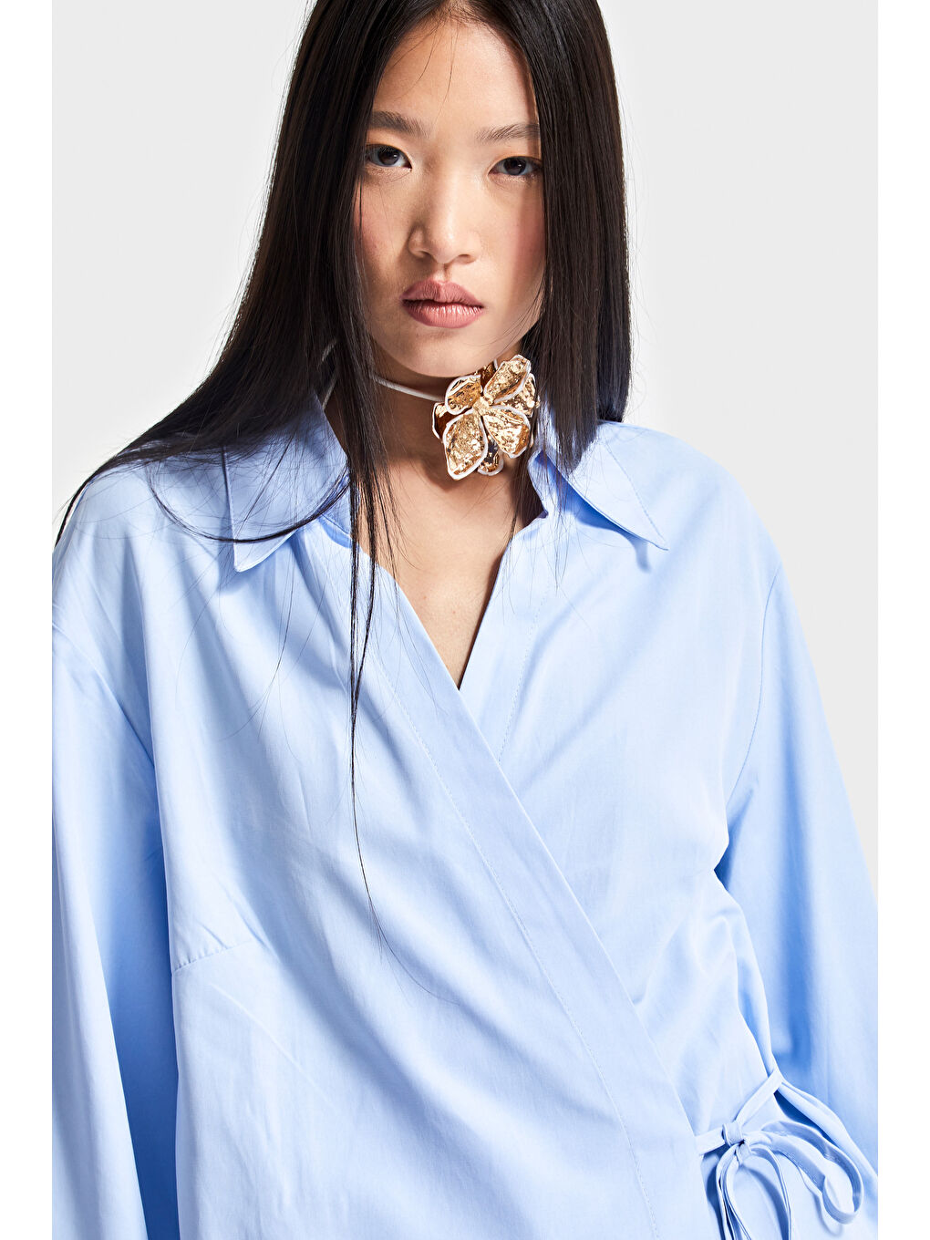 Kadın Bebe Mavisi Renk s5-103 Yandan Bağlamalı Maxi Uzun Boy Oversize %100 Pamuk Gömlek-4