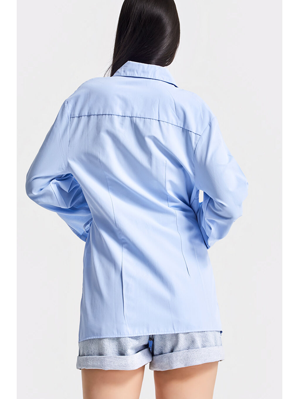 Kadın Bebe Mavisi Renk s5-103 Yandan Bağlamalı Maxi Uzun Boy Oversize %100 Pamuk Gömlek-5