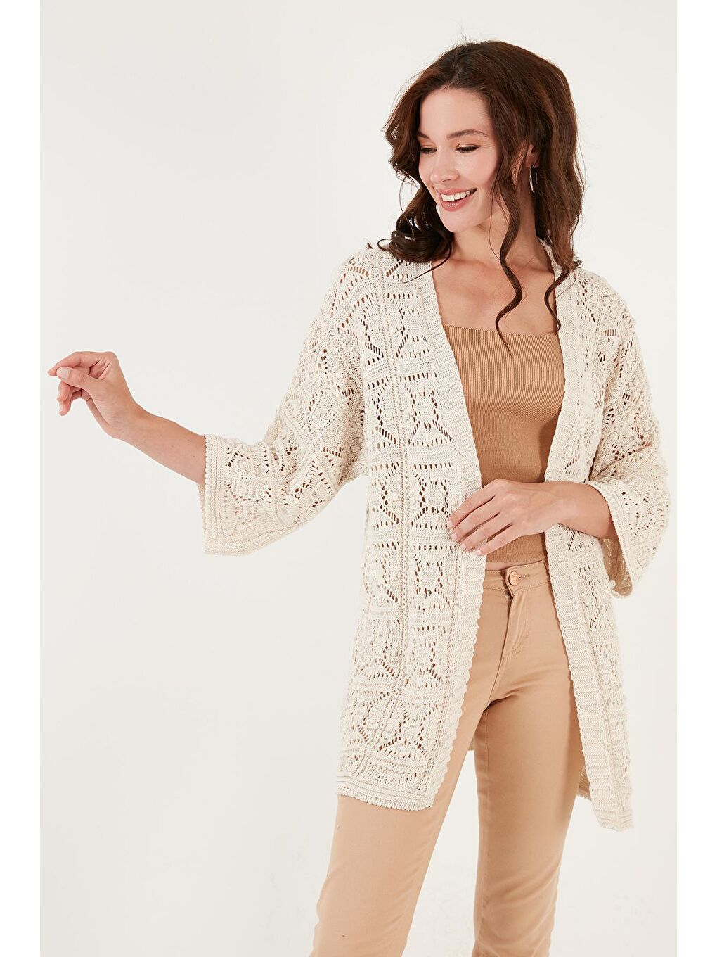 Ekru Truvakar Kol Ajurlu Triko Örme Hırka 6071538-1