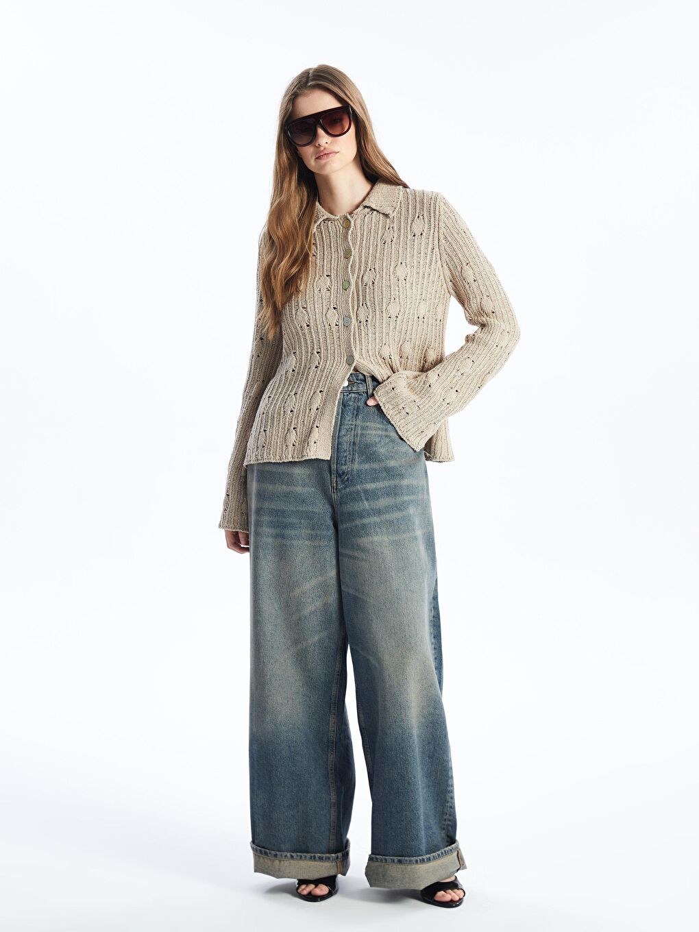 Benevento - Örgü Detaylı Uzun Kol Triko Gömlek - Ekru Renk-1