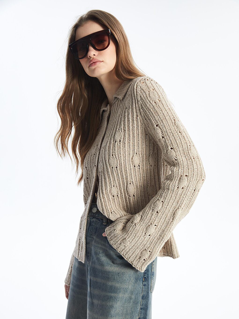 Benevento - Örgü Detaylı Uzun Kol Triko Gömlek - Ekru Renk-2