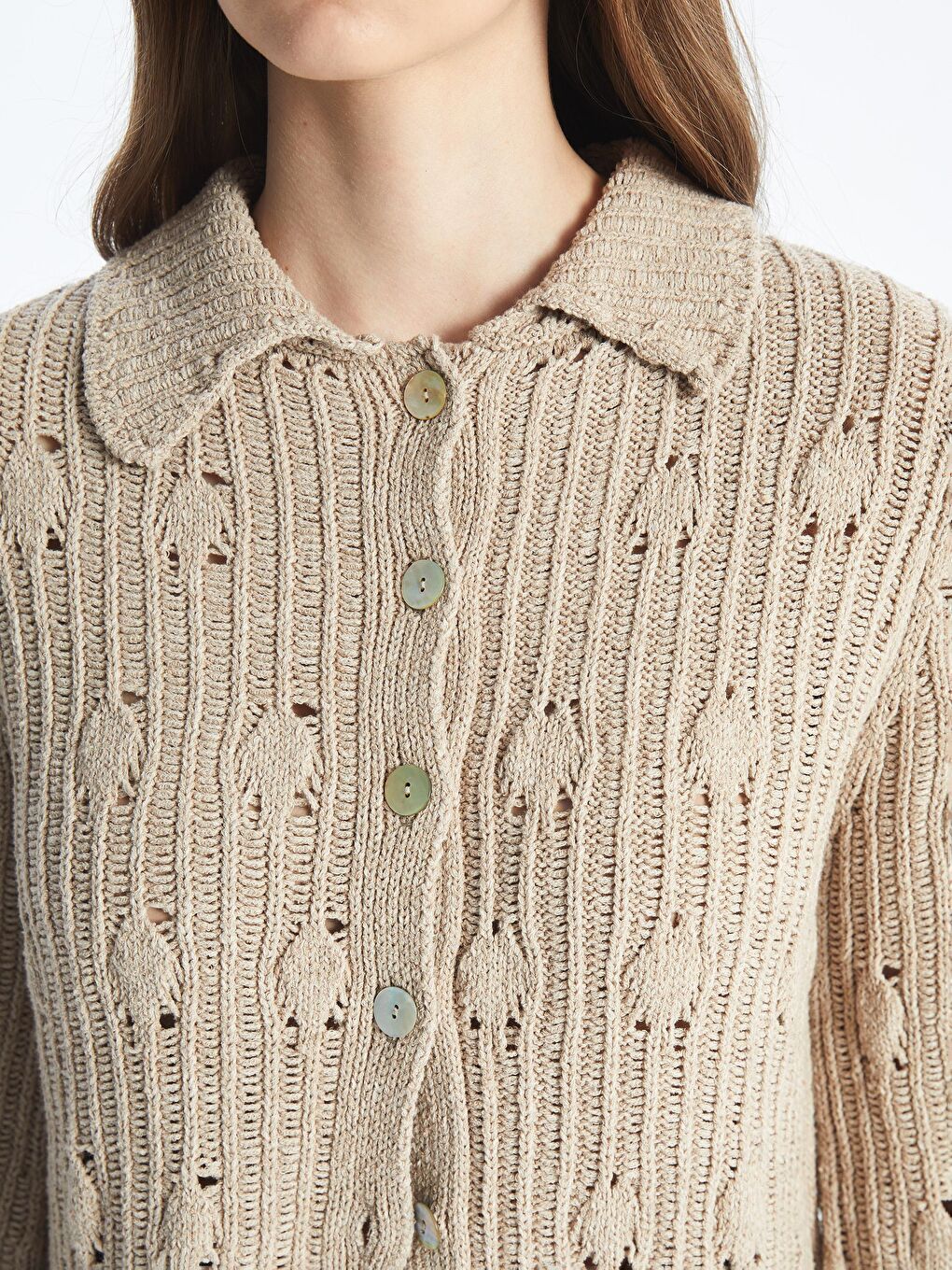 Benevento - Örgü Detaylı Uzun Kol Triko Gömlek - Ekru Renk-3