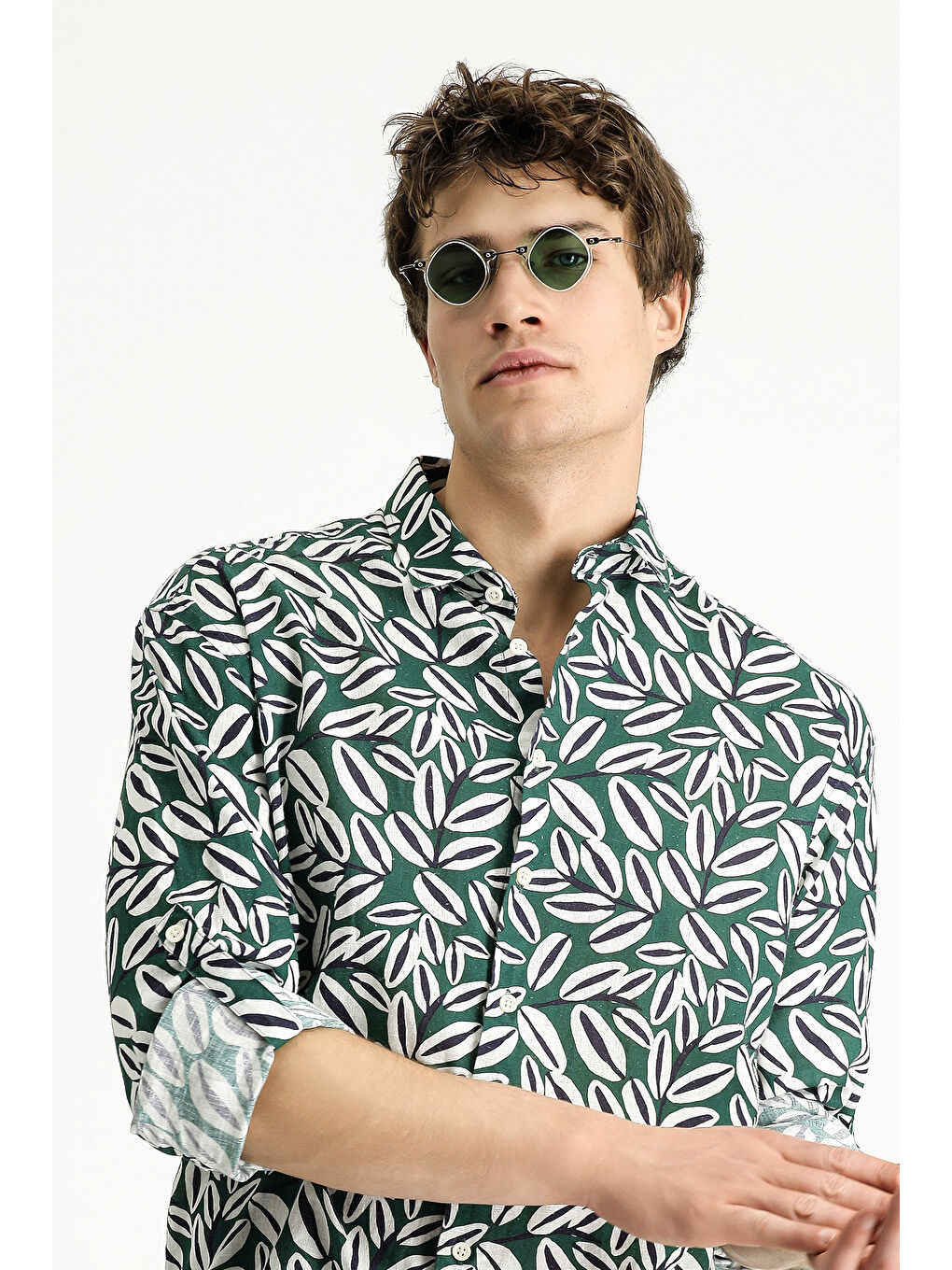 Yeşil Uzun Kol Oversize Baskılı Keten Karışımlı Pamuklu Gömlek-3