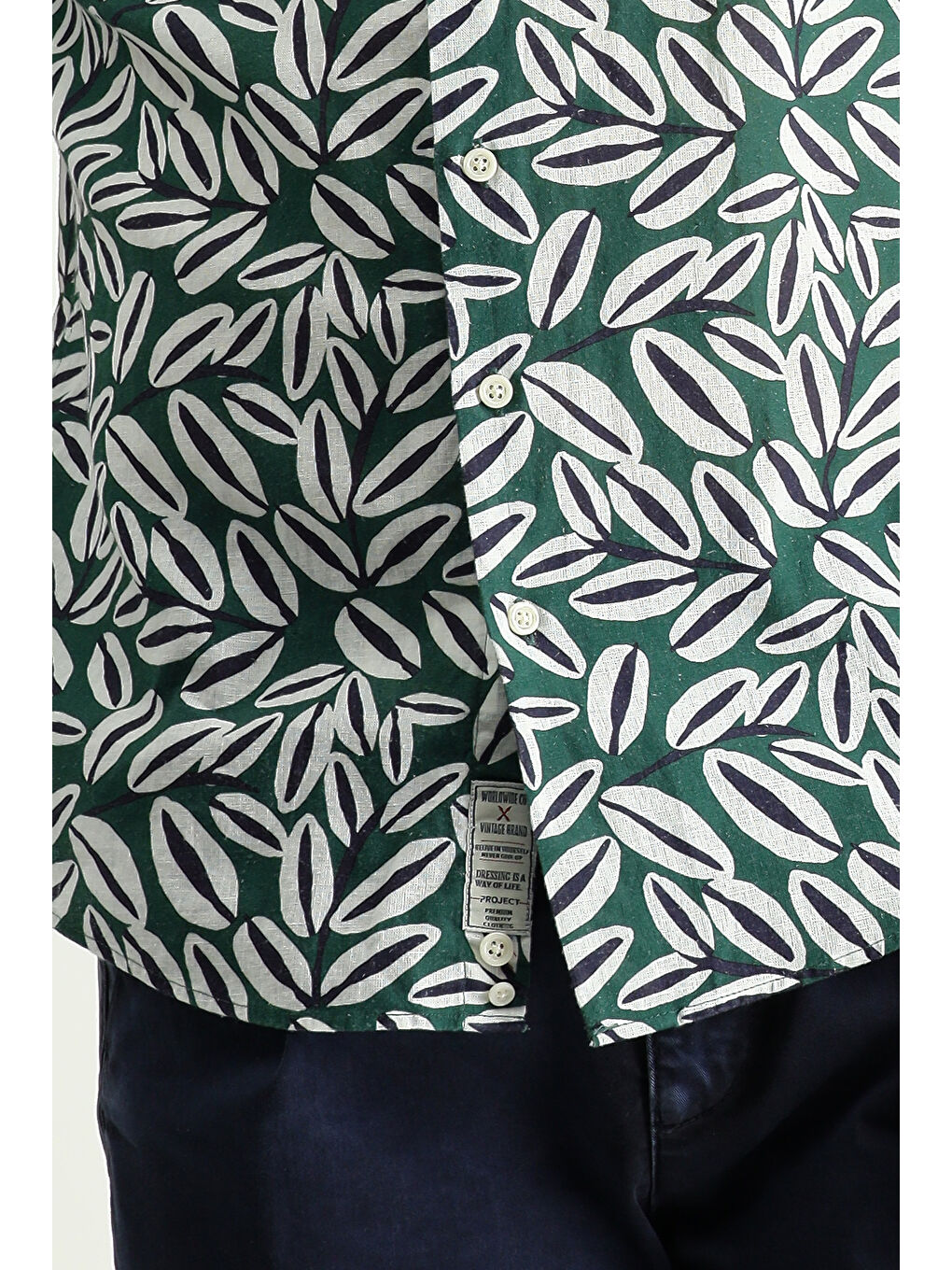 Yeşil Uzun Kol Oversize Baskılı Keten Karışımlı Pamuklu Gömlek-4