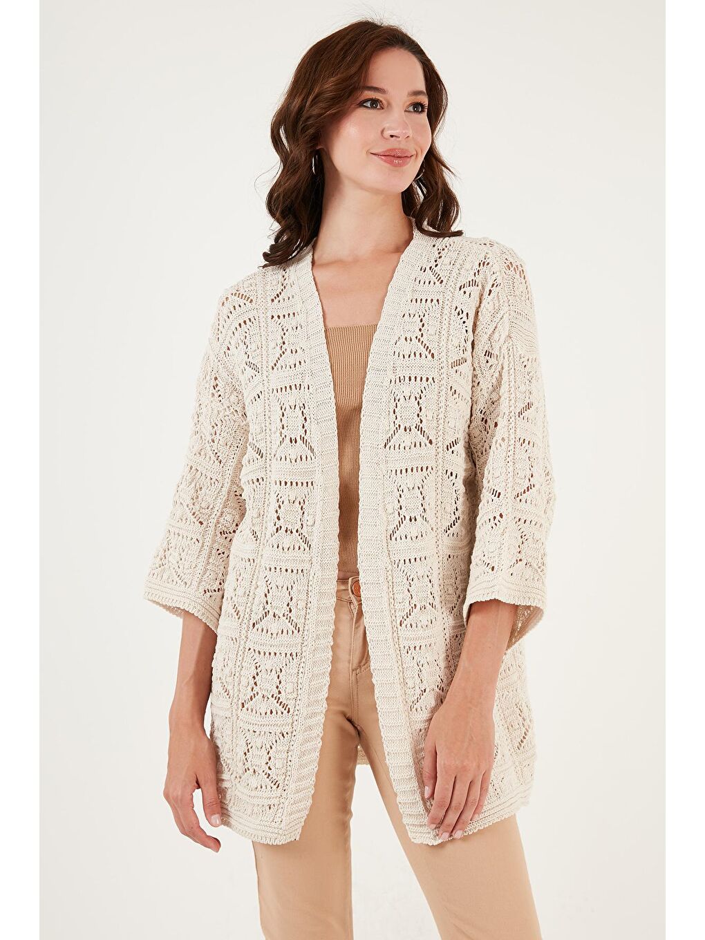 Ekru Truvakar Kol Ajurlu Triko Örme Hırka 6071538-2