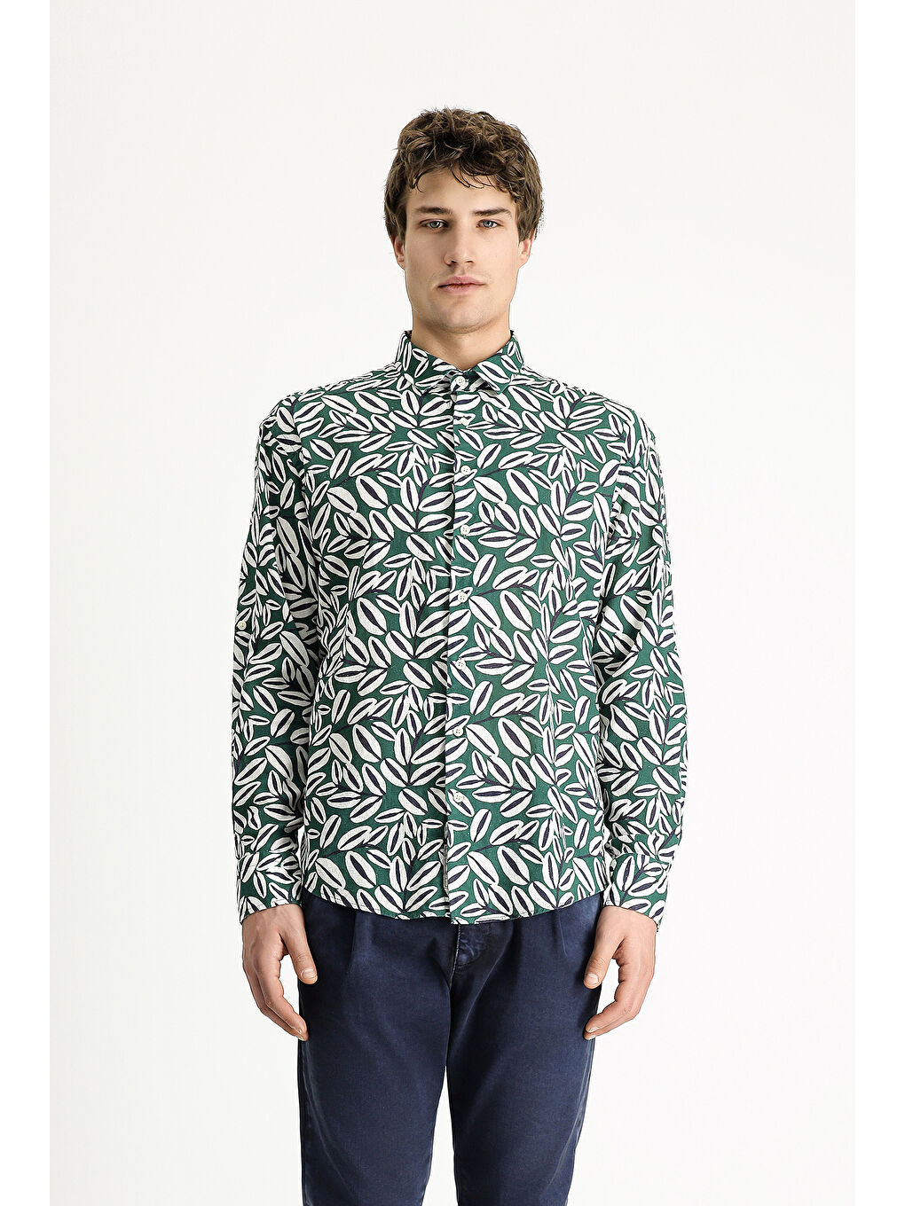 Yeşil Uzun Kol Oversize Baskılı Keten Karışımlı Pamuklu Gömlek-5