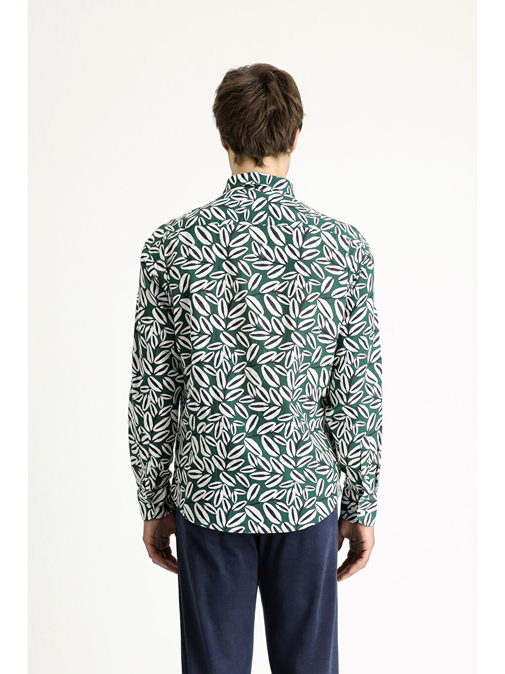 Yeşil Uzun Kol Oversize Baskılı Keten Karışımlı Pamuklu Gömlek-6