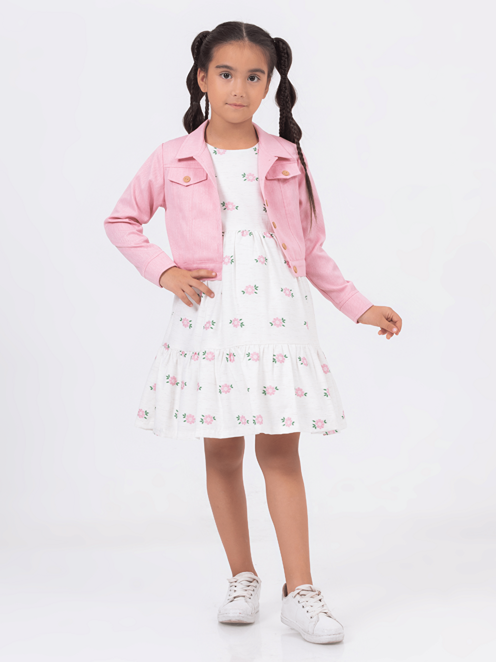 Pembe Bisiklet Yaka Kısa Kollu Kız Çocuk Elbise ve Ceket