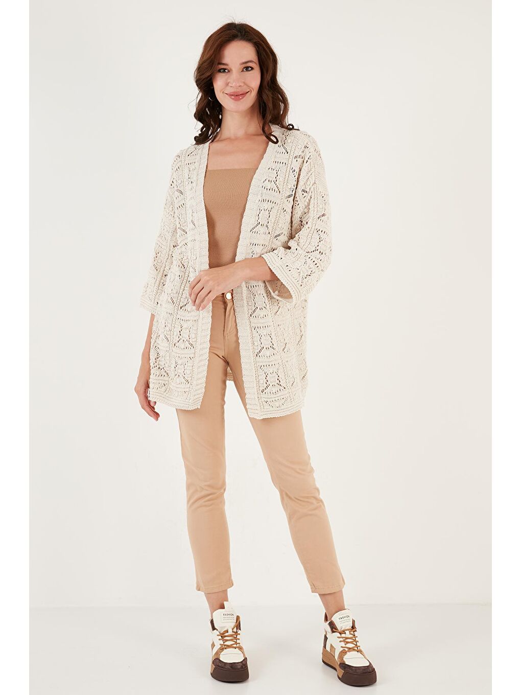 Ekru Truvakar Kol Ajurlu Triko Örme Hırka 6071538-3