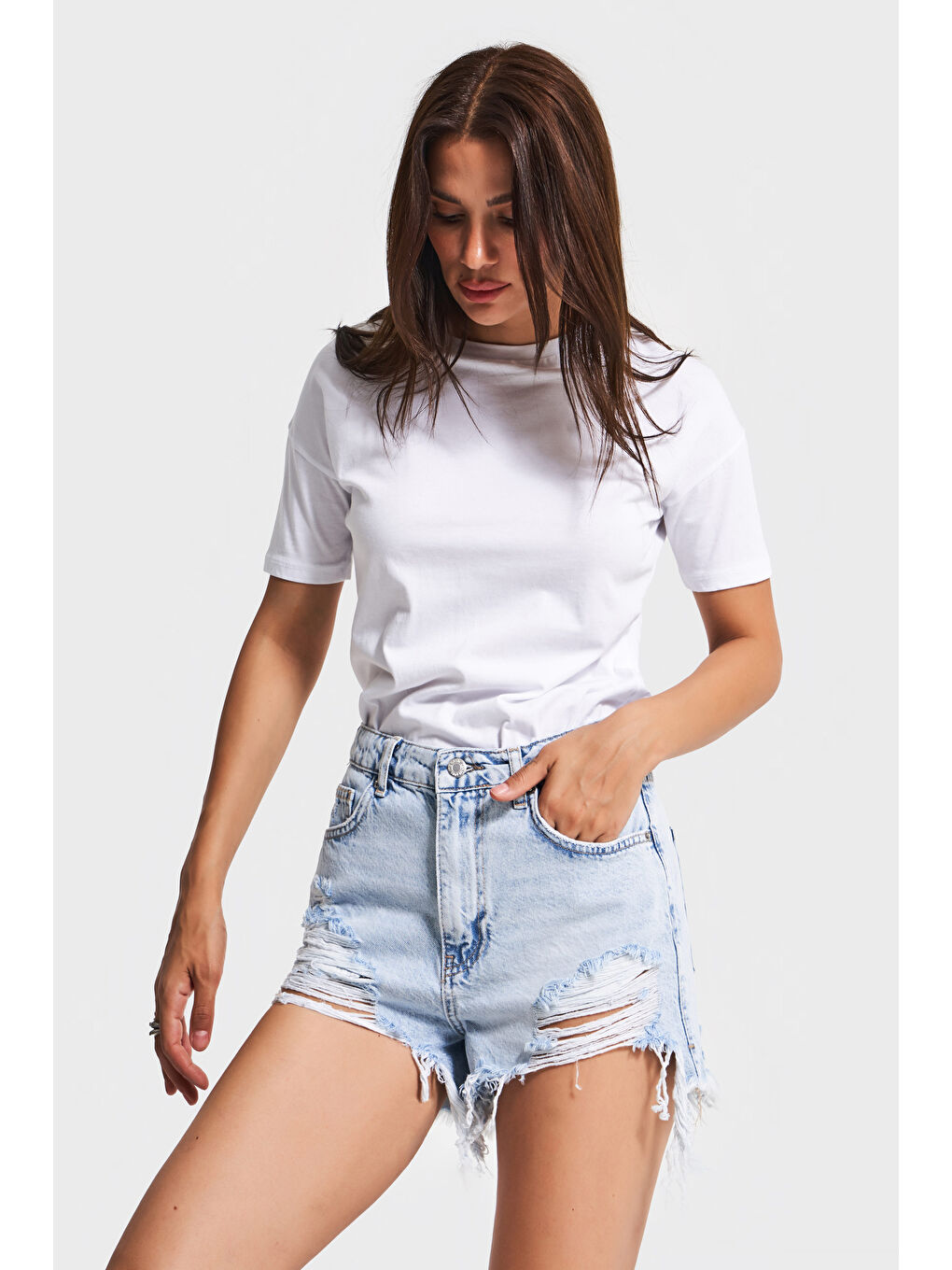 Mavi Kadın Ice Jean Rengi 12s5-3 Mini Boy Yüksek Bel Curved Yırtık Detaylı Püsküllü %100 Pamuk Denim Şort-3