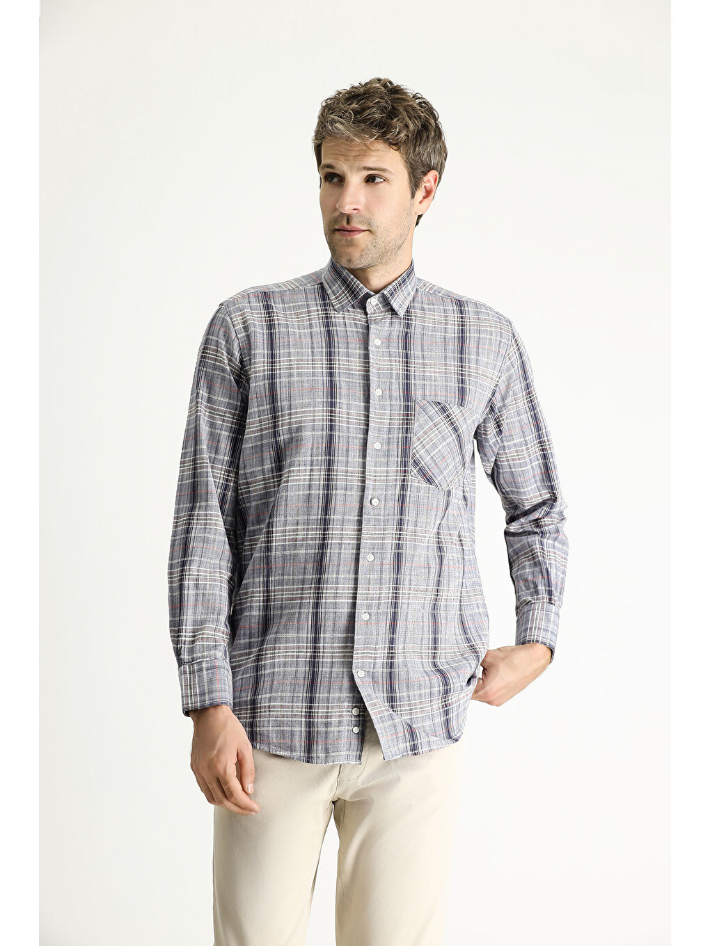 Antrasit Uzun Kol Regular Fit Ekose Pamuk Gömlek-2