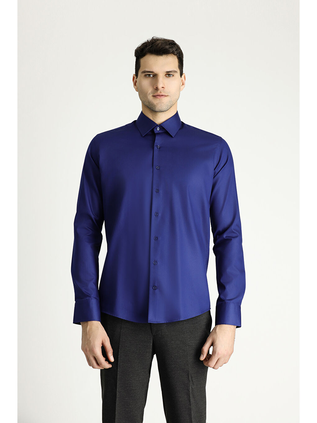 Lacivert Uzun Kol Slim Fit Dar Kesim Klasik Non Iron Saten Pamuklu Büyük Beden Gömlek-2