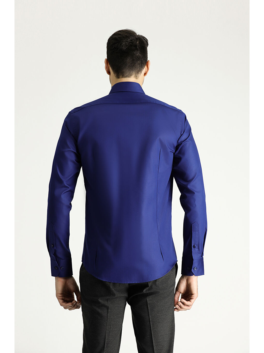 Lacivert Uzun Kol Slim Fit Dar Kesim Klasik Non Iron Saten Pamuklu Büyük Beden Gömlek-3