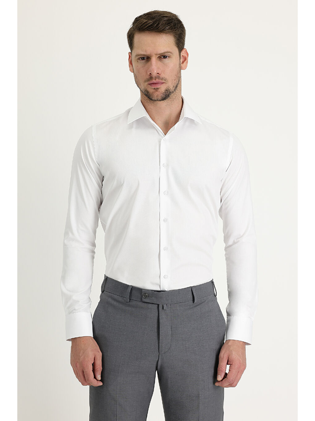 Beyaz Uzun Kol Slim Fit Dar Kesim Klasik Non Iron Saten Pamuklu Büyük Beden Gömlek-2