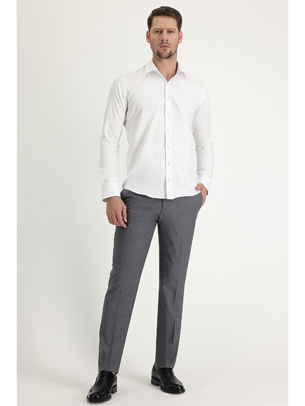 Beyaz Uzun Kol Slim Fit Dar Kesim Klasik Non Iron Saten Pamuklu Büyük Beden Gömlek-3