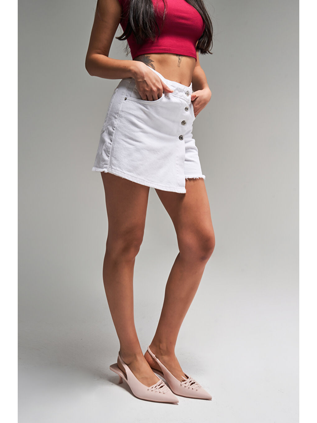 Önü Düğmeli Beyaz Renk Kadın Jean Şort Etek-1