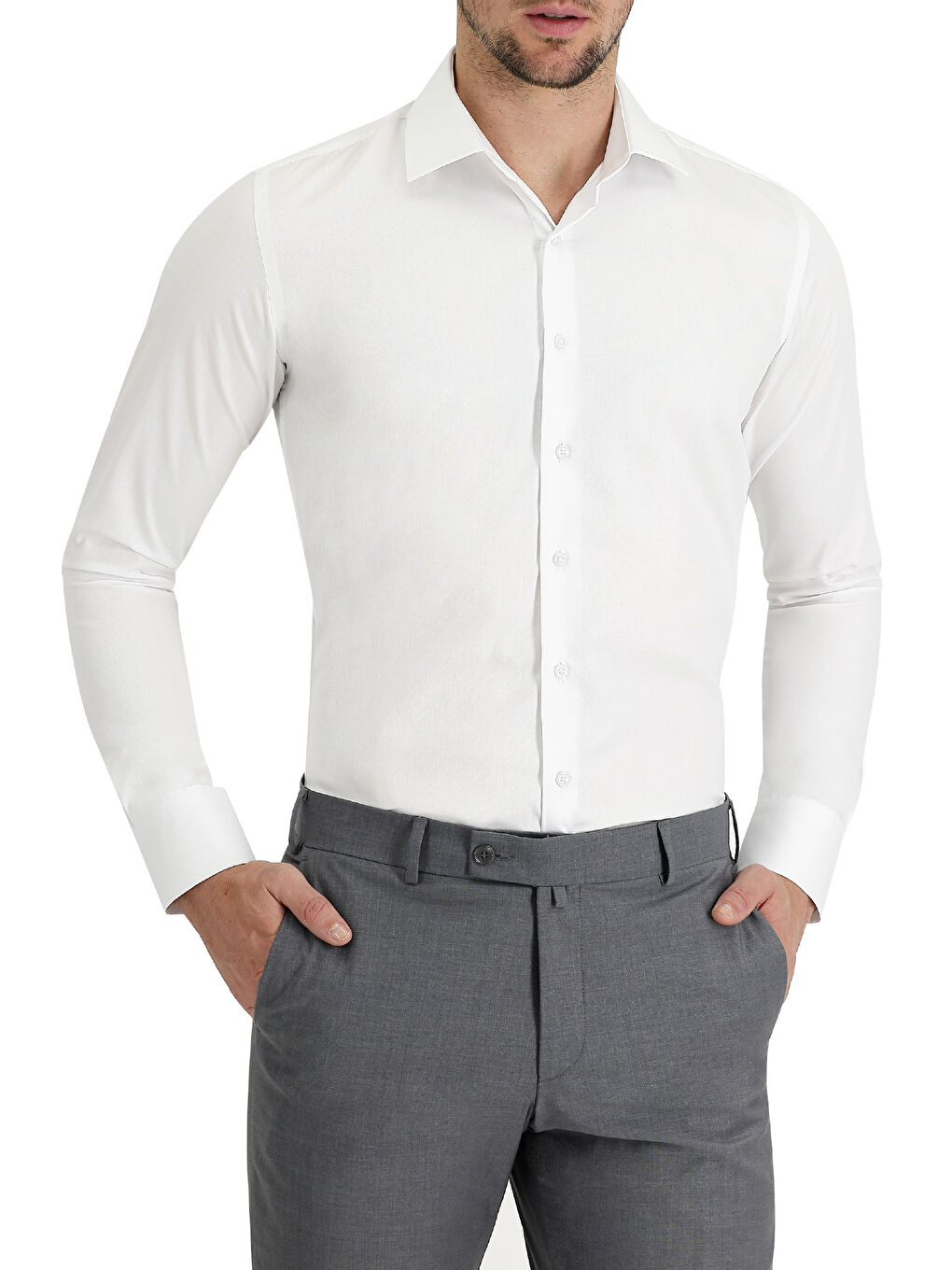 Beyaz Uzun Kol Slim Fit Dar Kesim Klasik Non Iron Saten Pamuklu Büyük Beden Gömlek-4