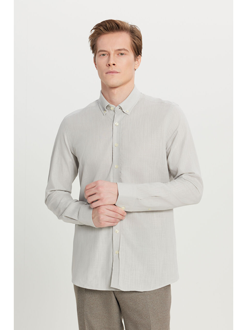 Erkek Gri %100 Pamuk Oxford Slim Fit Dar Kesim Düğmeli Yaka Flamlı Gömlek-2