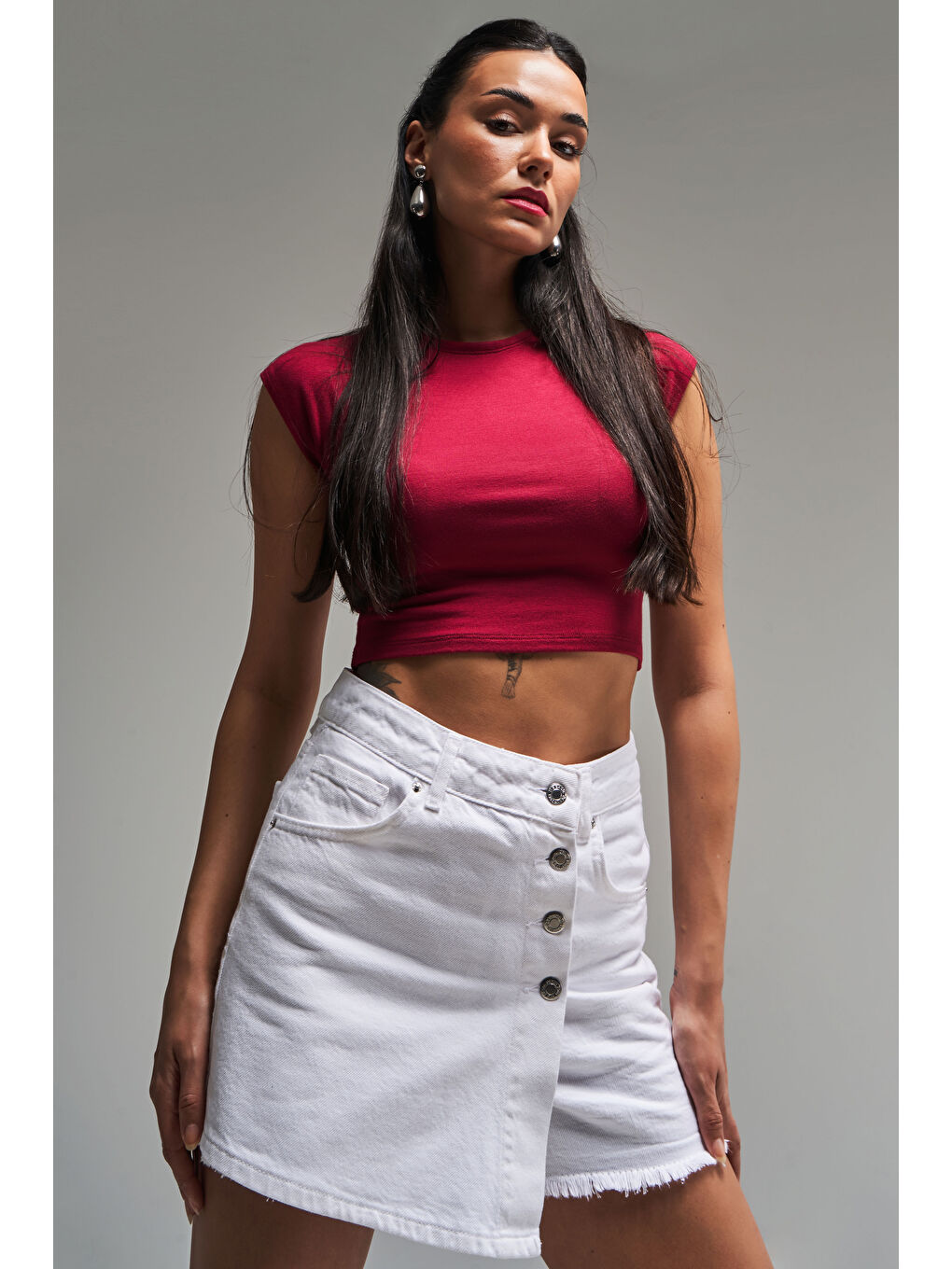 Önü Düğmeli Beyaz Renk Kadın Jean Şort Etek-2