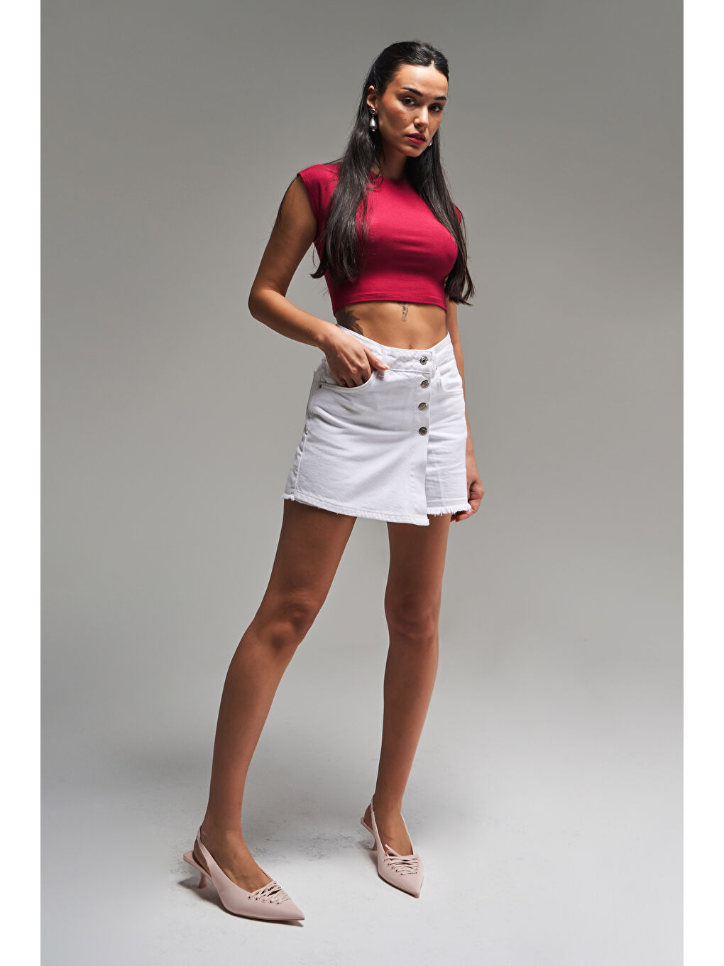 Önü Düğmeli Beyaz Renk Kadın Jean Şort Etek-3