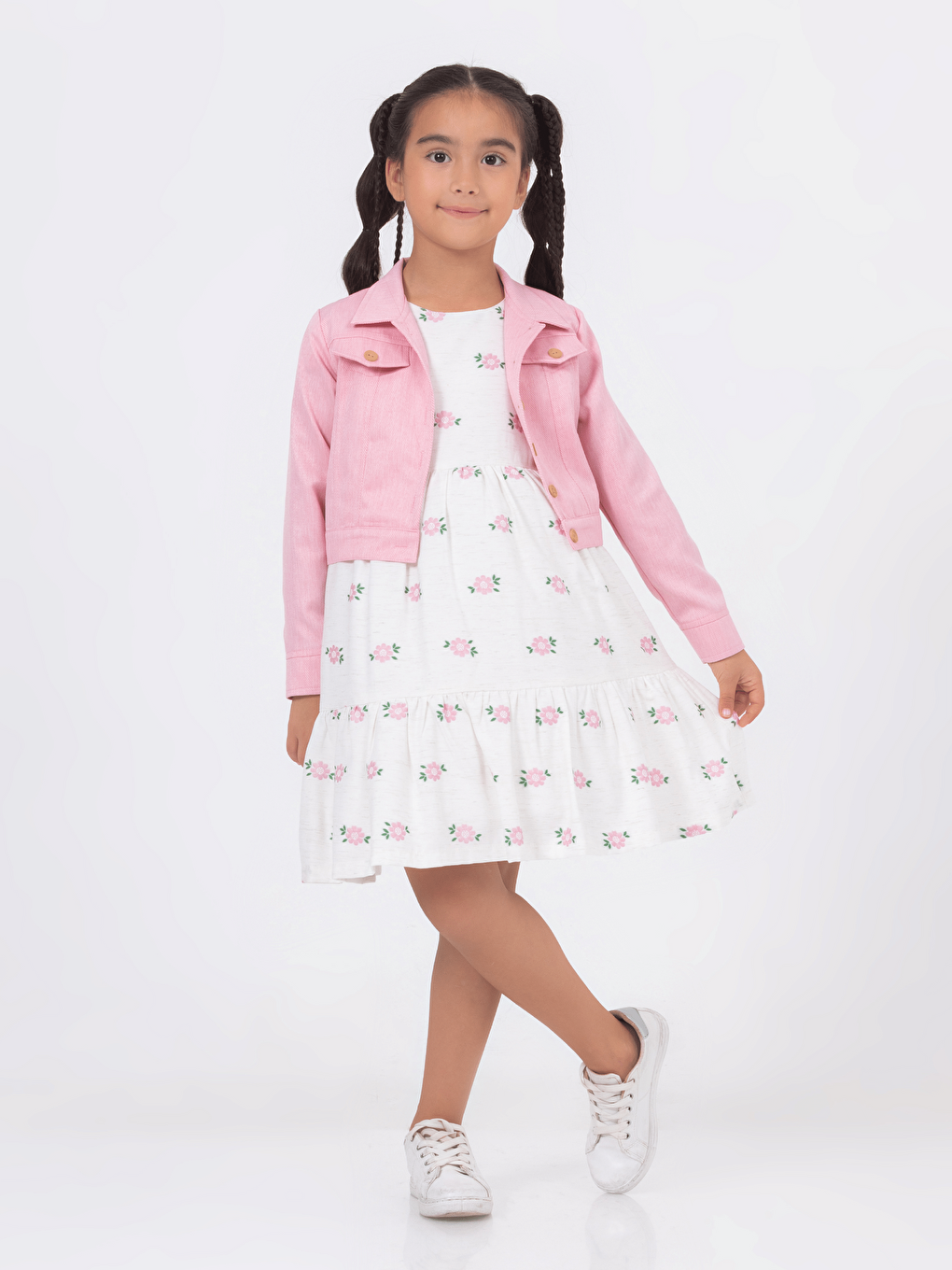 Pembe Bisiklet Yaka Kısa Kollu Kız Çocuk Elbise ve Ceket-3