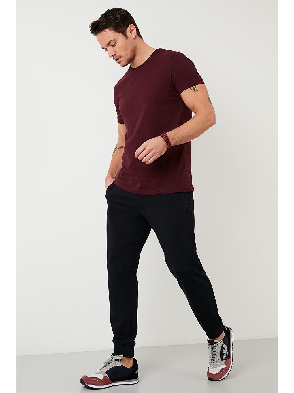 Bordo Bisiklet Yaka %100 Pamuk Slim Fit Basic Tişört 59020001-1