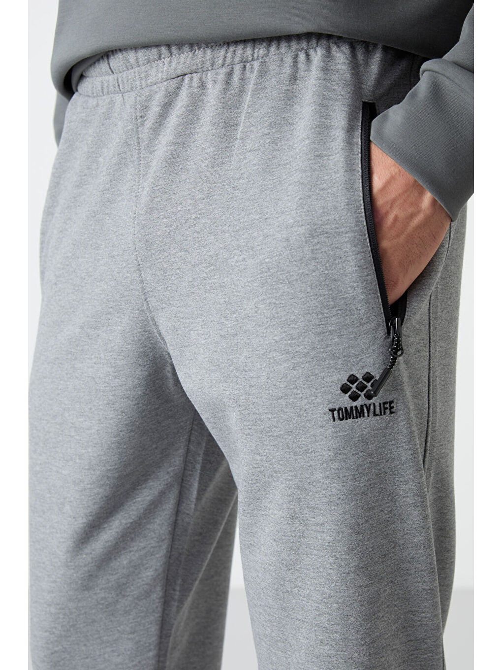 Gri Melanj Air Baskılı Fermuar Cepli Standart Kalıp Erkek Jogger Eşofman Altı- 84587-2