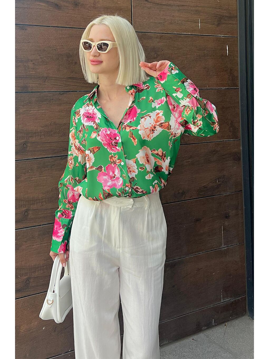 Yeşil Çiçek Desenli Saten Gömlek Mg1787