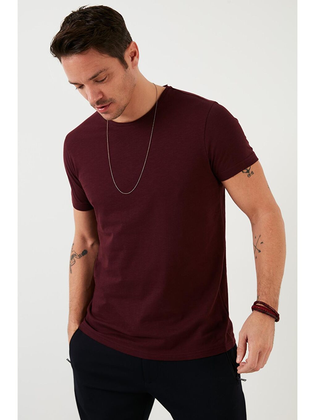 Bordo Bisiklet Yaka %100 Pamuk Slim Fit Basic Tişört 59020001-2